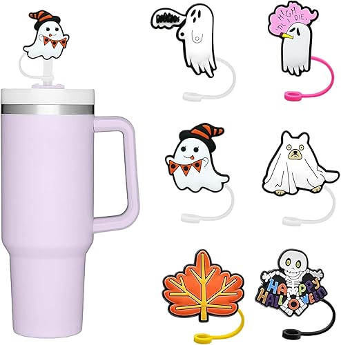 6 fundas para pajilla, de silicona y reutilizables, con diseño de dibujos animados, puntas de popote a prueba de salpicaduras, cubierta de tapones