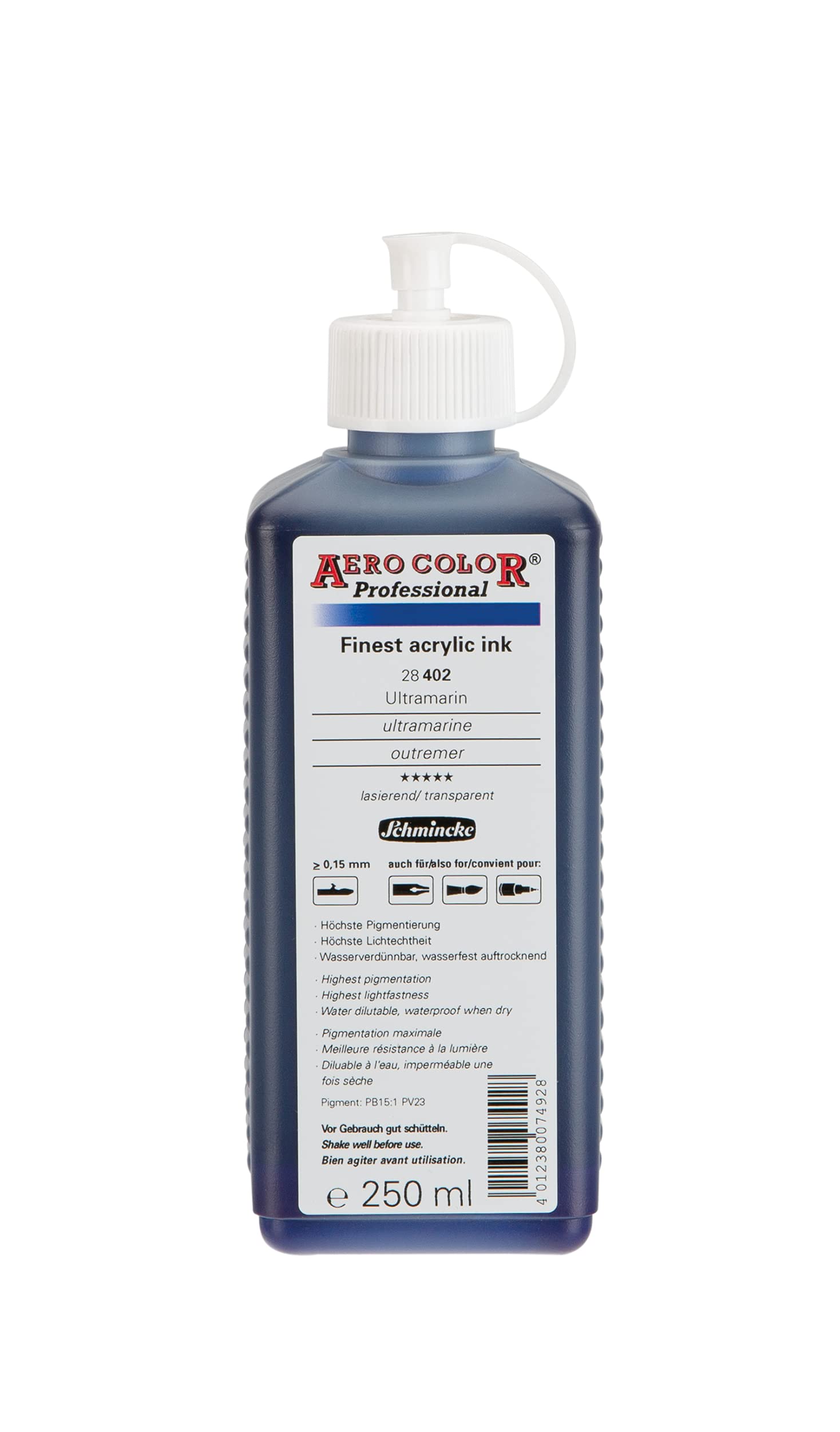 Schmincke - AERO COLOR® Professional, Ultramarine 250 ml, 28402027, highly liquid, highly brilliant acrylic colour for acrylic painting, airbrush, mixed media, acrylic ink