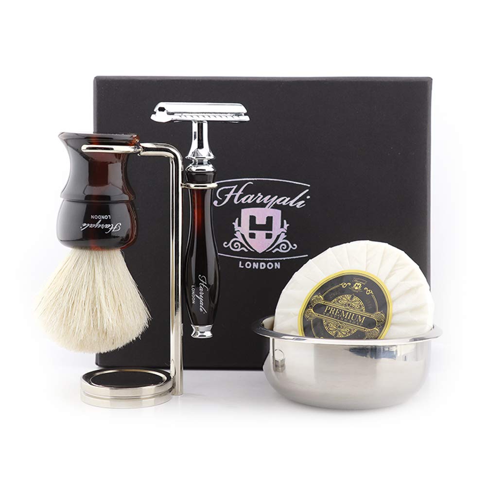 Haryali London 5 Pc Mens Shaving Kit Double Edge Safety Razor with White Badger Hair Brush, Stand, Bowl and Soap Perfect Set for Men