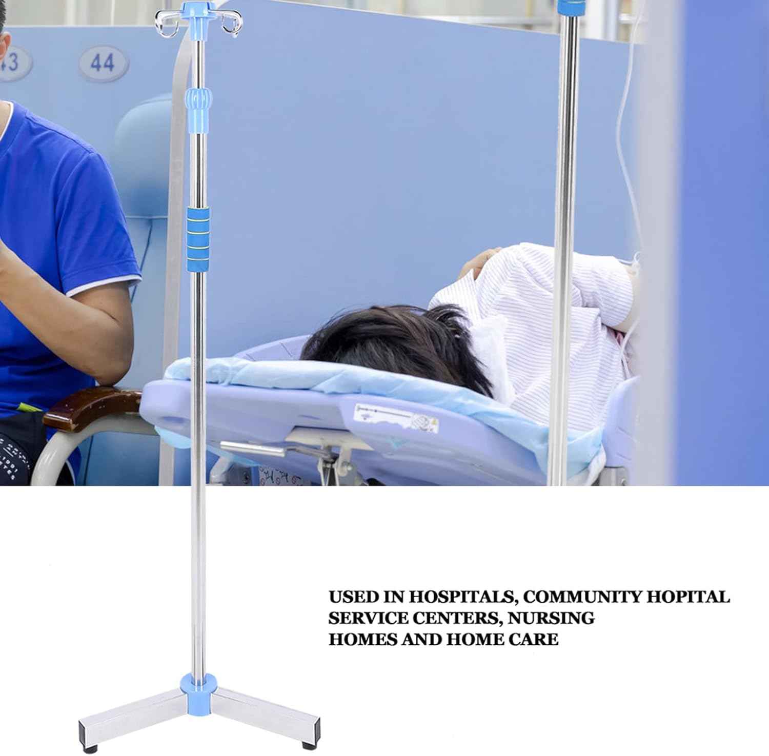 Supporto per Asta Portaflebo, Supporto Portatile Pieghevole per Sacche per Fluidi Flebo con 4 Ganci E 3 Ruote, Supporto per Sacche Flebo in Acciaio Inox Regolabile in Altezza per Ospedali,