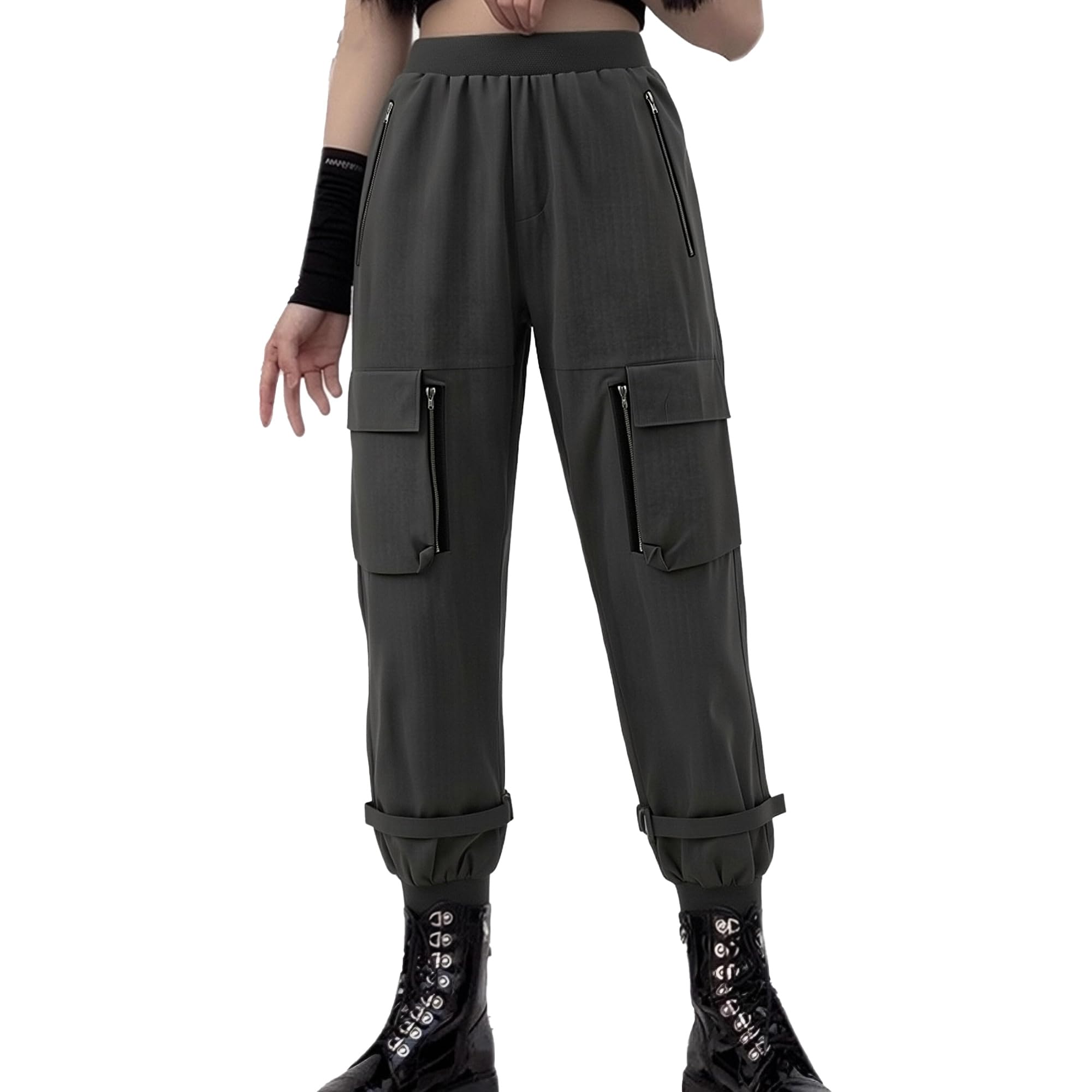 Black Cargo Pants Women Loose Chained Multi-Pocket Multi-Zip Punk Goth Pants