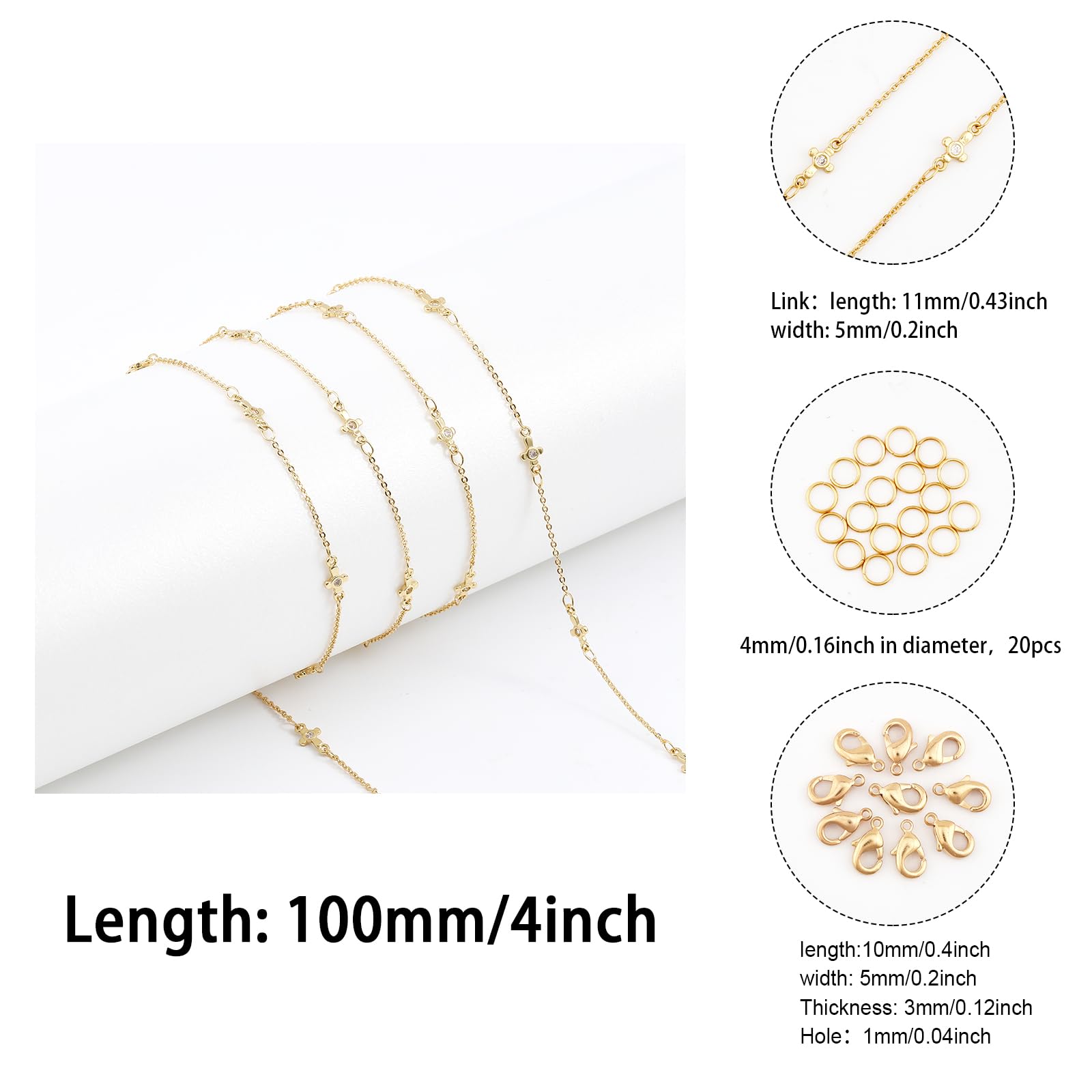 CHGCRAFT 3.28 Feet - Catene a croce in ottone placcato oro 18 carati, con bobina di artigli e anelli open Jump per collana, bracciali, gioielli, fai da te