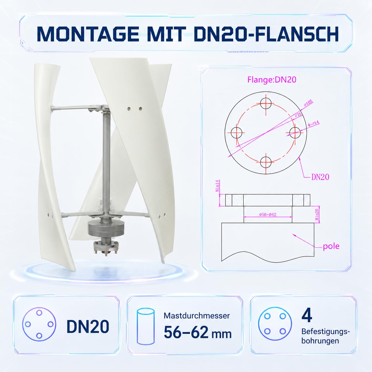 Vertikaler Windturbinen-Generator 100W 24V Windkraftanlage | Mit Permanentmagnet-Lagertung, Windturbine mit 3 Nylonfaser-Blättern und 30 dB, für Boote und Pavillons(Weiß）