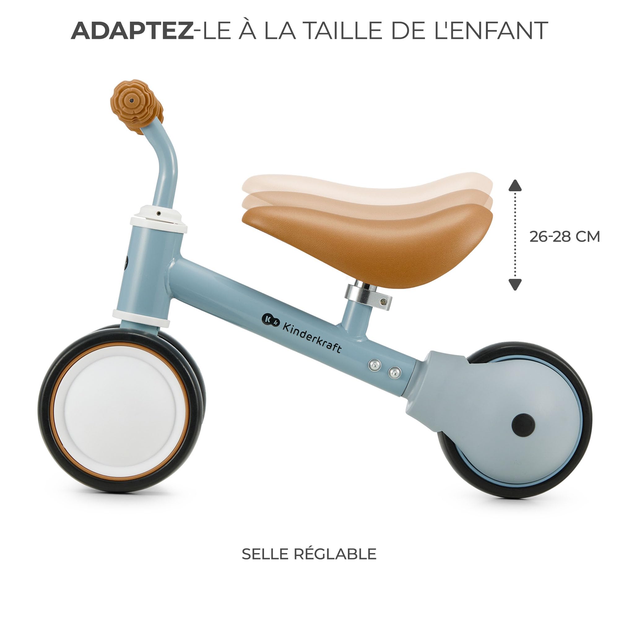 Kinderkraft Cutie Draisienne en Métal, Vélo 3-en-1, Vélo sans Pédales, Vélo Bébé, Siège Réglable (de 26 à 28 cm)., Sûr et Pratique, Poids léger, Trois Roues, 1 an à 15 kg, Bleu