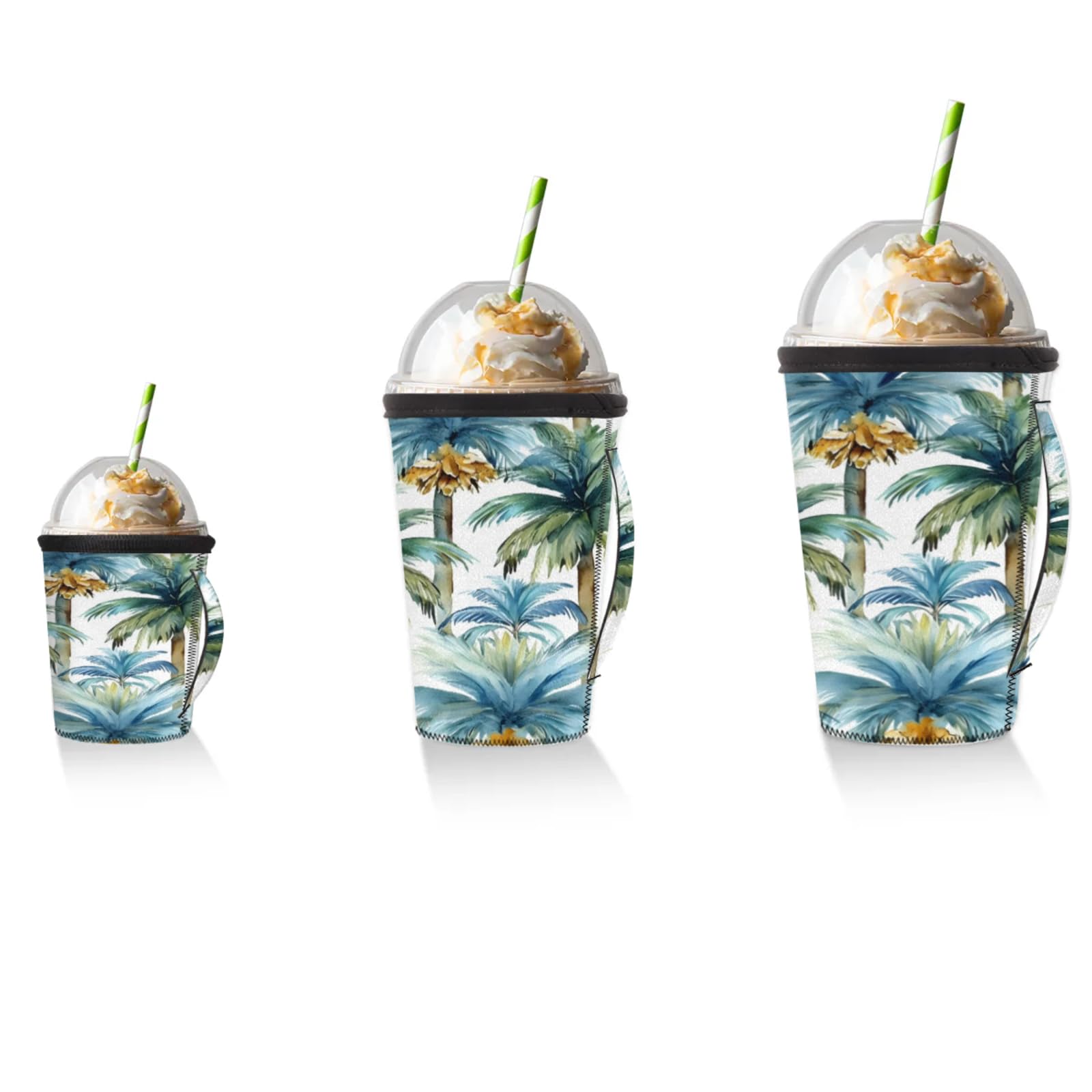 Watercolor Coconut Tree Reusable Neoprene Coffee Sleeve with Handle Insulated Iced Coffee Cup Holder Reduces Condensation Fits 24-28 oz Cups M
