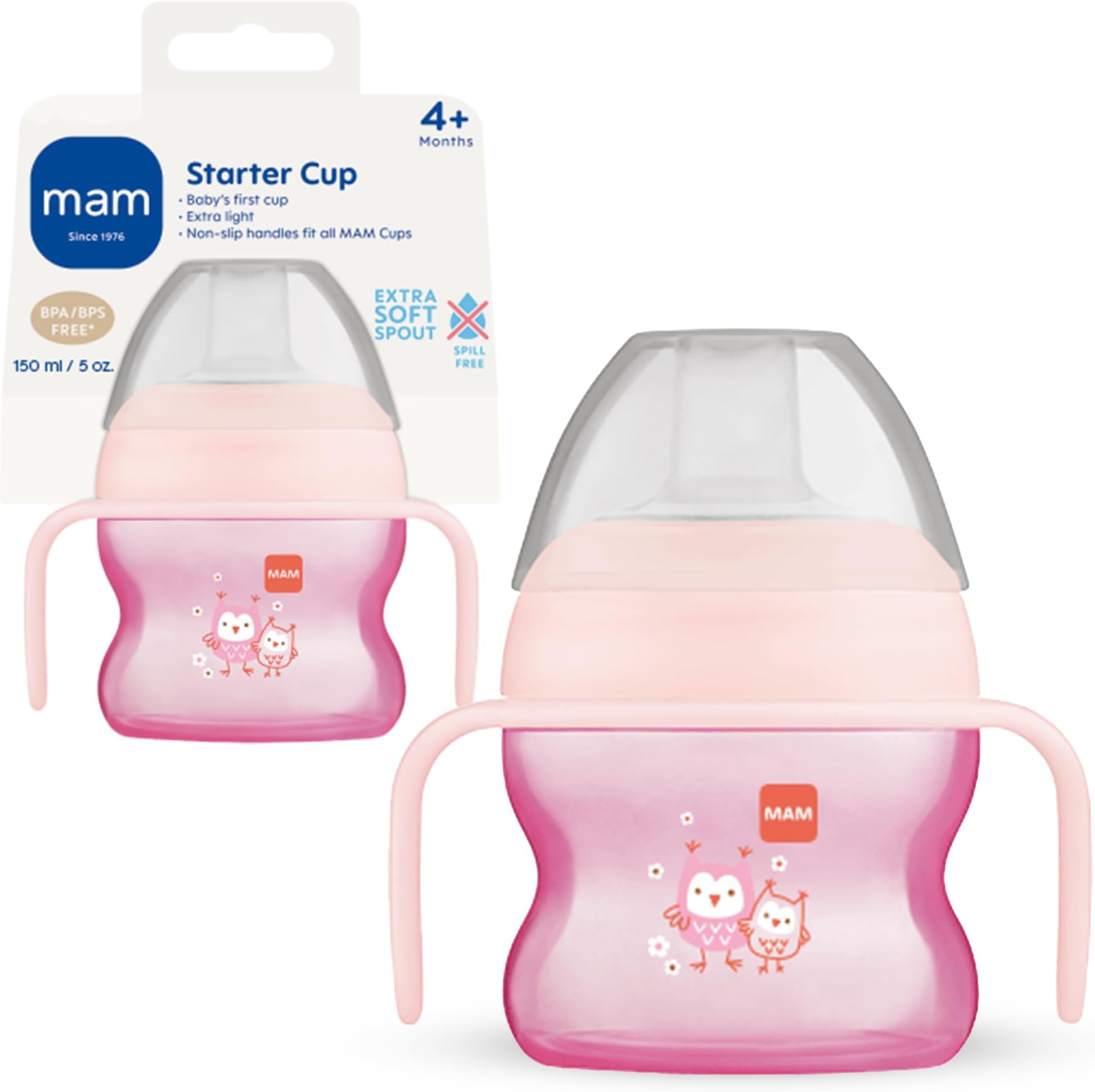 MAM Starter Cup (1 Count), Sippy Cup, Drinking Cup with Extra-Soft Spill-Free Spout and Non-Slip Handles, for Girls 4+ Months, Five Ounces, Pink