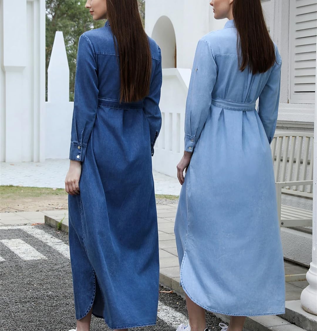 Size XS Vogrtcc Women’S Belted Blouse Denim Dress Pullover Turn-Down Collar Ankle-Length Long Sleeve A-Line Dresses