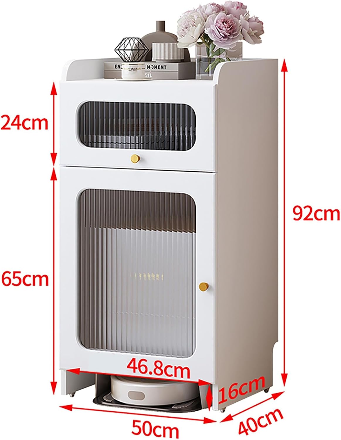 White Movable Robot Vacuum Stand Cabinet, Solid Wood Storage Rack with Wheels, Hidden Sweeping Robot Holder, Side Storage Unit with Door for Bedroom, Living Room, Entryway (50x40x92cm)