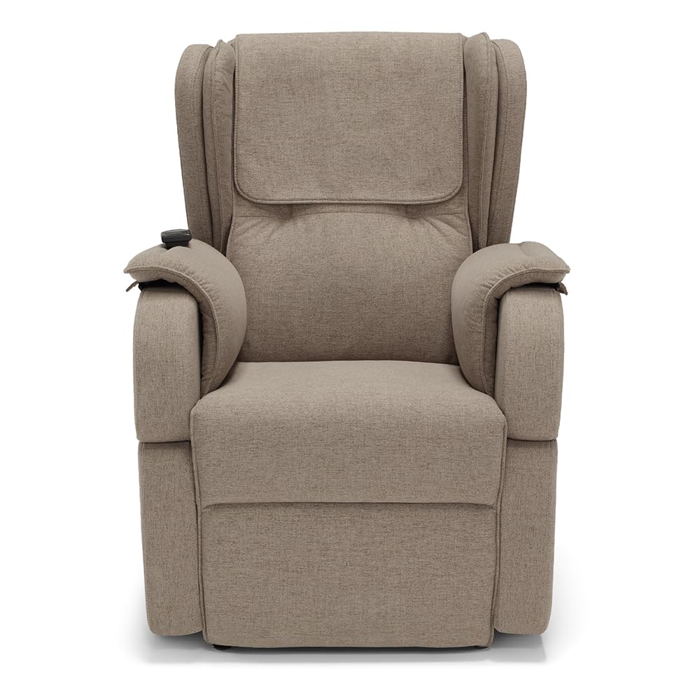 Poltrona relax elettrica Berlino per anziani, 2 motori, 4 ruote, tessuto antimacchia, alzapersona, kit optional batteria, braccioli estrabili e tavolino opzionale (4 Ruote + Tavolino, Tortora)