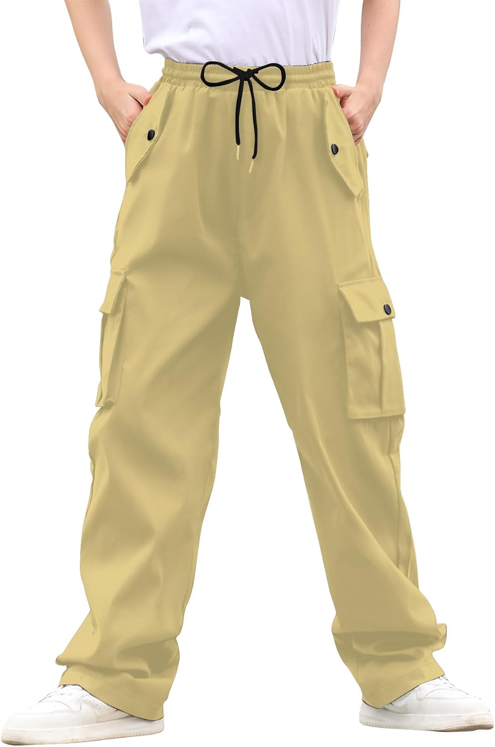 Boys Cargo Pants Wide Leg Pants Teen Kids Drawstring Straight Trousers with Pockets Size 7-14 - Image 2