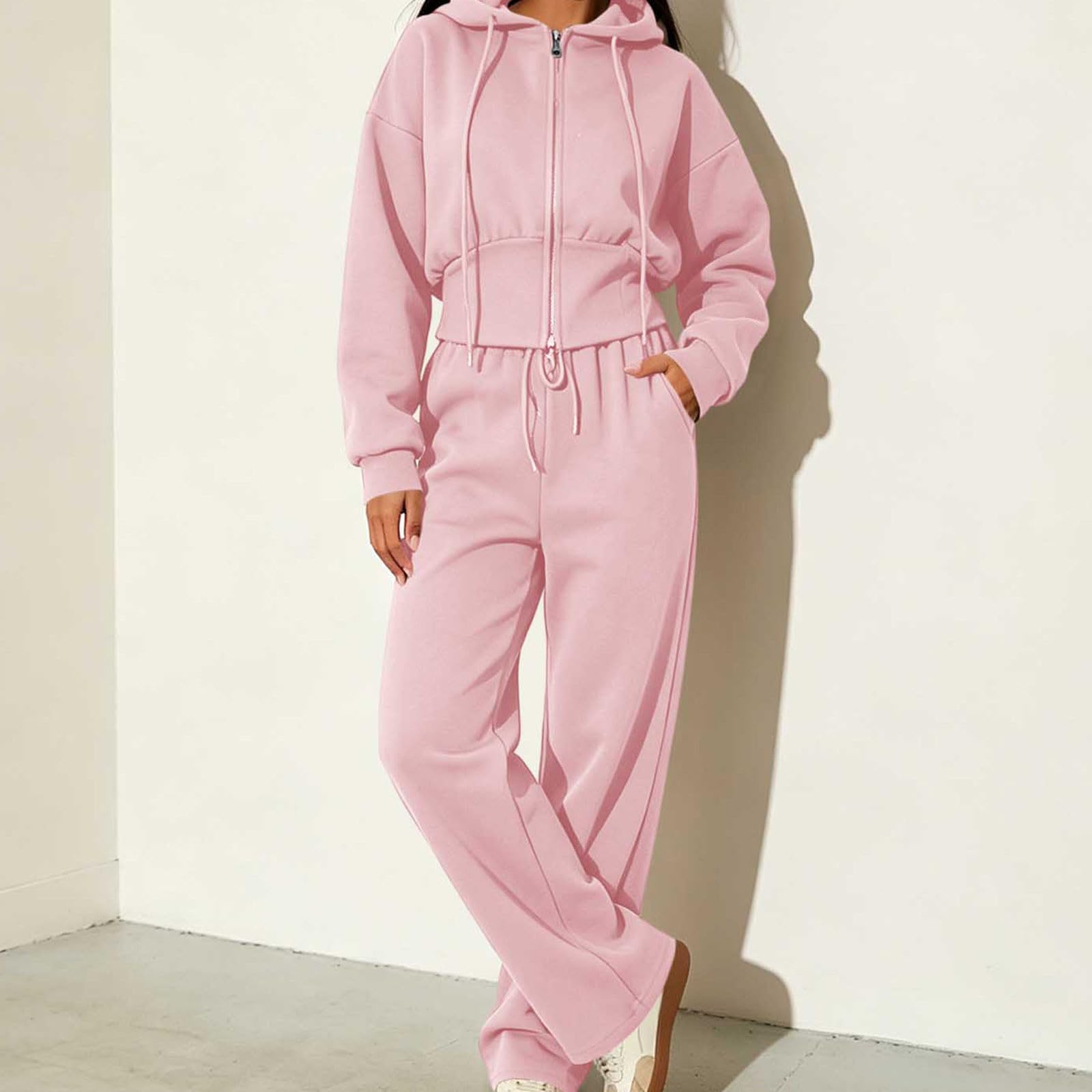 Tuta da donna Set 2 pezzi Casual Lounge Wear Set da donna Zip Up Felpe con cappuccio ritagliate Gamba dritta Pantaloni della tuta Palestra Allenamento Tute atletiche Allentato Activewear Tempo libero