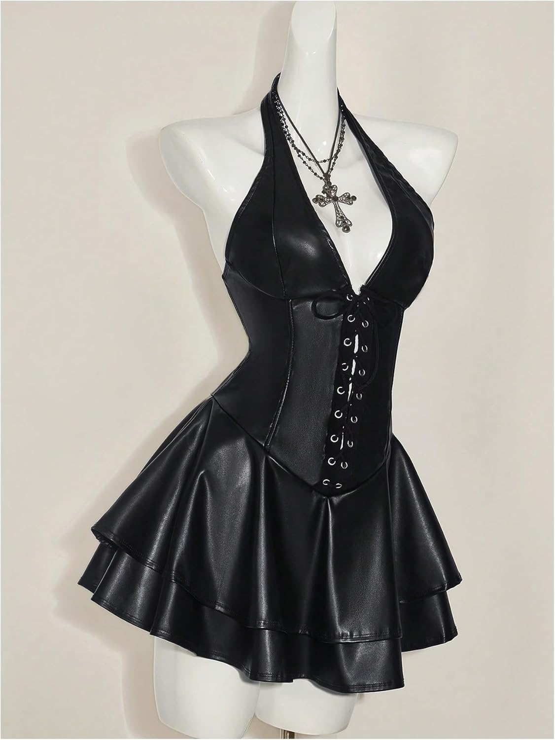 WDIRARA Women's PU Leather Lace Up Mini Halter Dress Sexy Punk Sleeveless Ruffle Layered A Line Dresses - Image 4