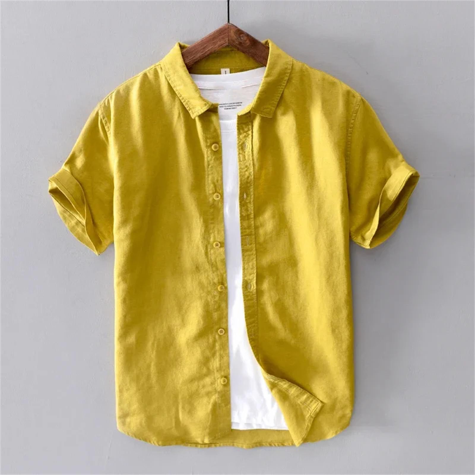 Camicie a maniche corte in lino di cotone per gli uomini casual moda gialla girare giù collare top