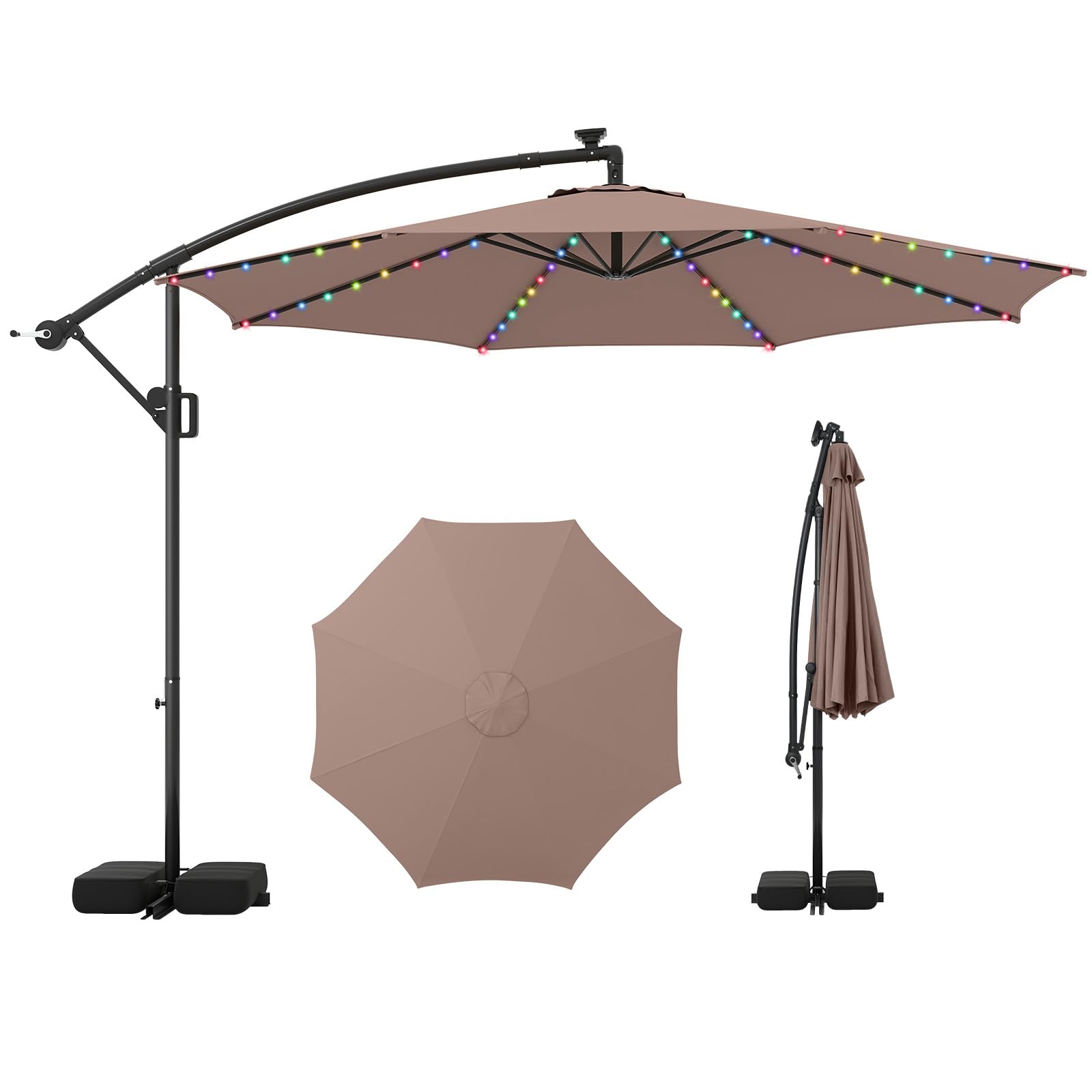RELAX4LIFE Parasol Déporté 3x3M LED Solaire 96 Lumières 7 Modes (Marron)