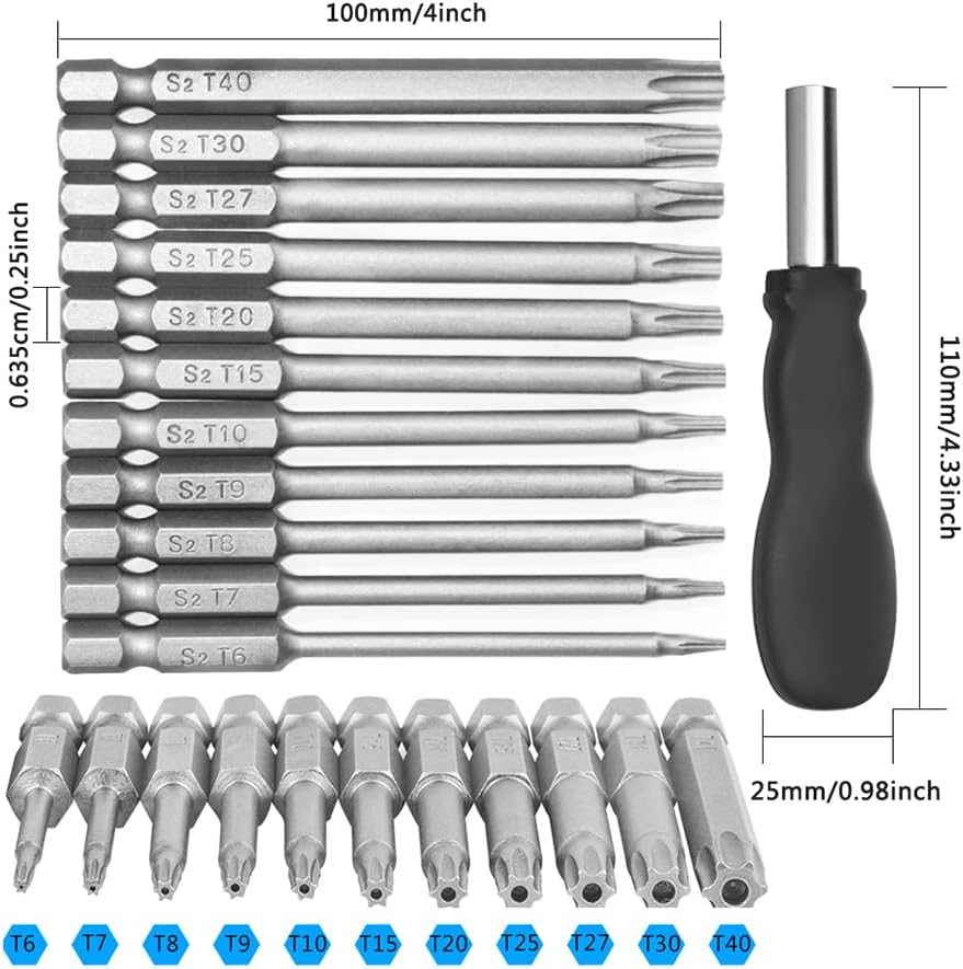 11 Pcs Long Torx Security Head Screwdriver Drill Set 1/4 Inch Hex Shank T6 T7 T8 T9 T10 T15 T20 T25 T27 T30 T40 11 Pieces 4 Inch Length S2 Steel Torx Screwdriver Bit Set (100mm)