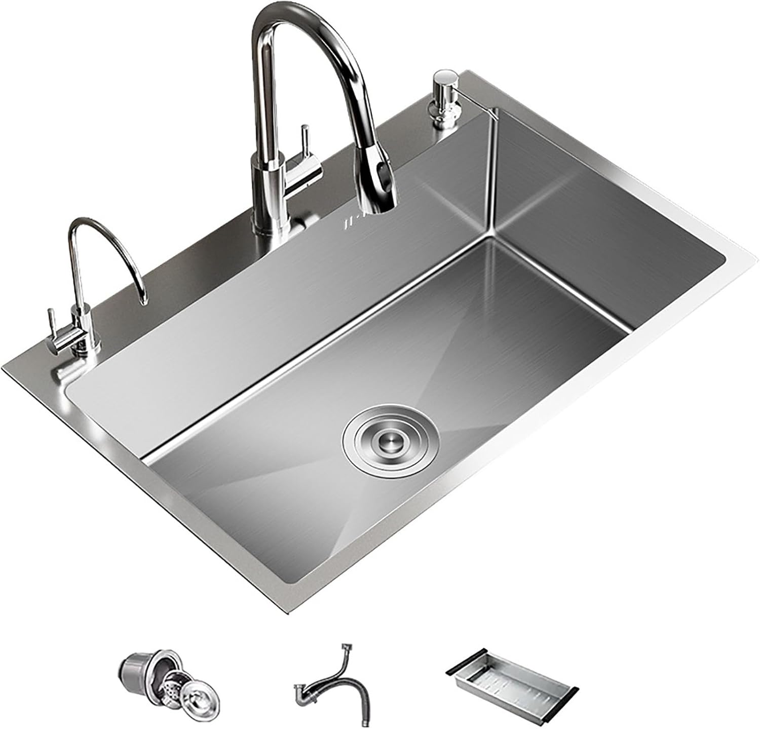 Silver Bar Sink with Pull Down Faucet, Stainless Steel Kitchen Sink Single Bowl Sink Topmount Undermount Handmade Kitchen Sink Rectangle Sink Workstation Kitchen Sink with Drain Tray Prep Sink ( Size