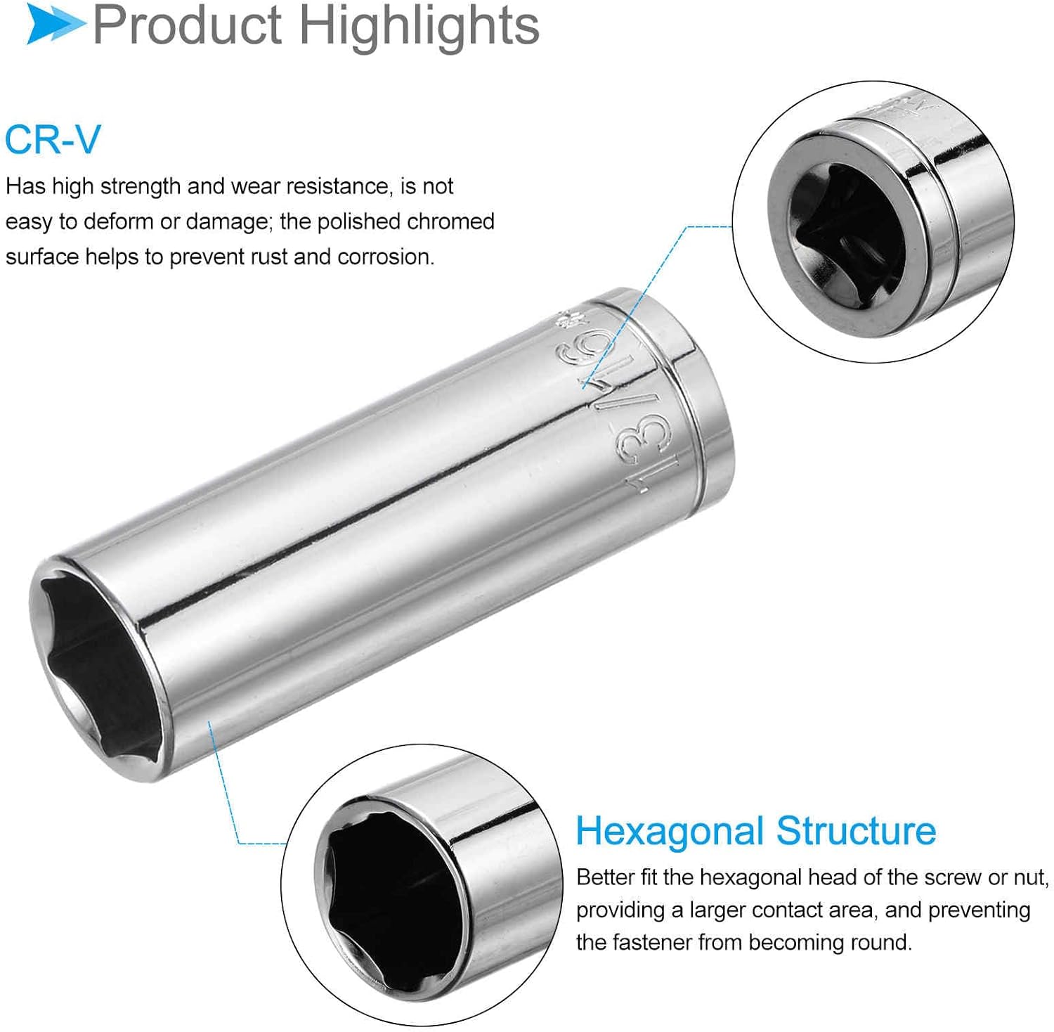 6-Point Socket, 1/2" Drive 13/16 Deep, Mirror Chrome Plating CR-V SAE Deep Impact Socket - (Applications: for Ratchet Torque Electric Wrenches Car Repair), 2-Pieces