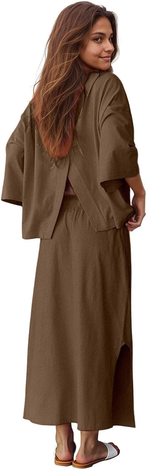Halfword 2 Piece Sets for Women Oversized Shirt and Maxi Skirt Set Vacation Clothes Casual Lounge Set with Pockets - Image 4