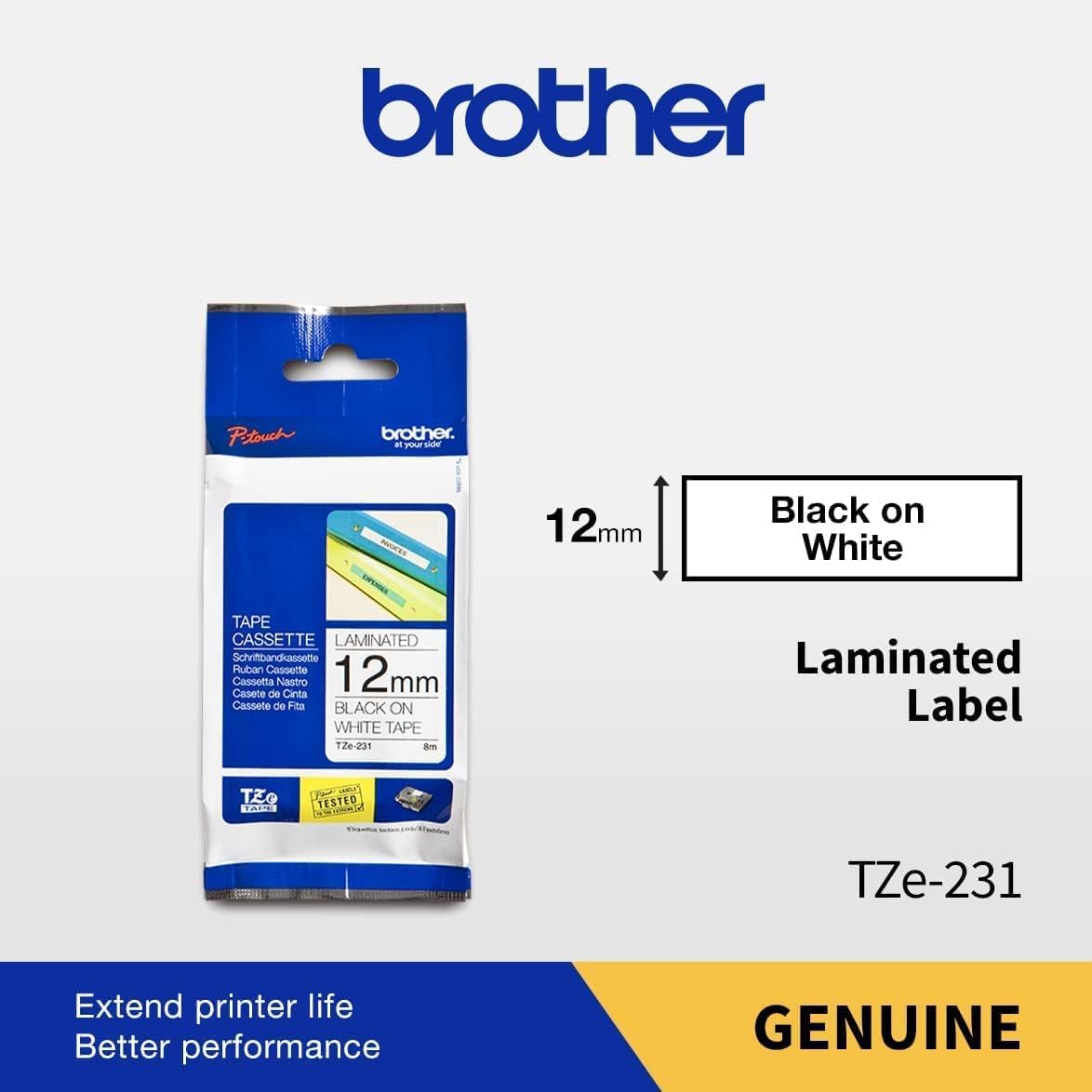 Brother P-TOUCH TZE-231 TZE-TAPE 12MM BEYAZ ÜZERİNE SİYAH LAMİNASYONLU ETİKET