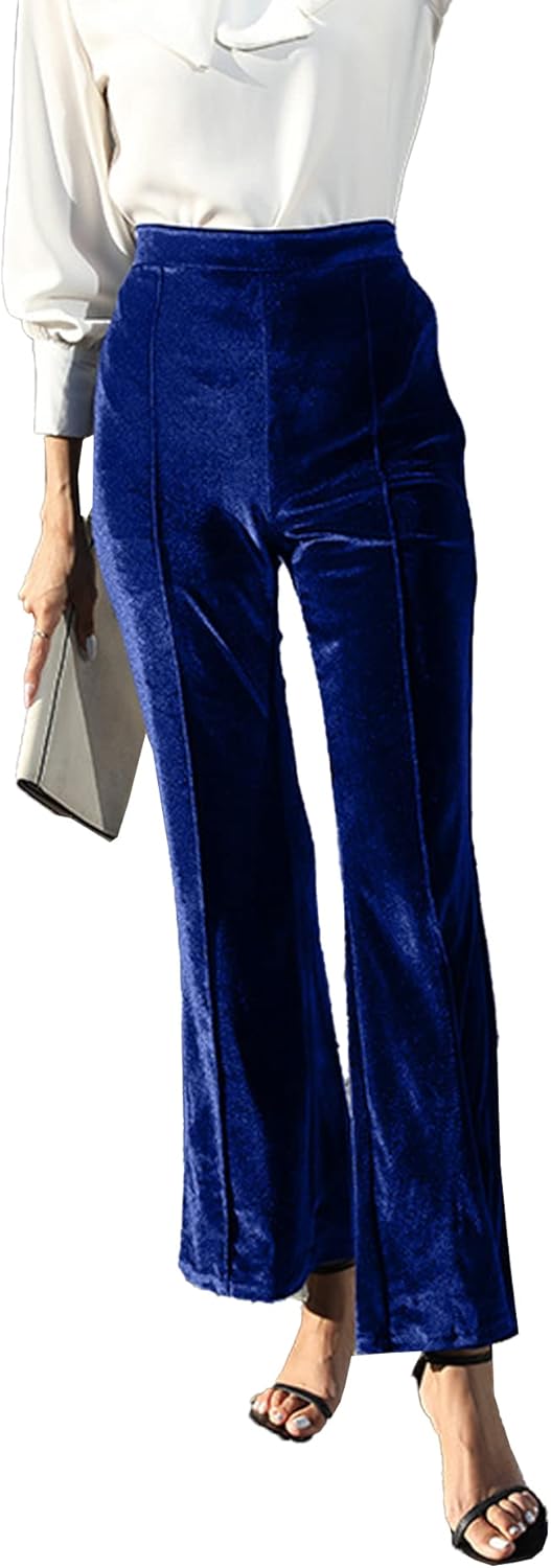 SEMATOMALA Women's Velvet Flare Work Pants High Waisted Dressy Office Elegant Business Casual Pull On Trousers