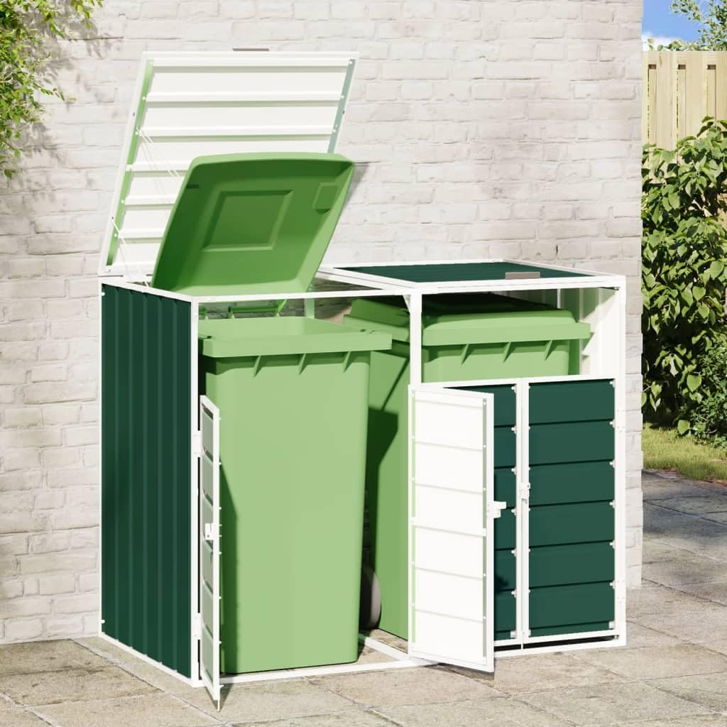 Copribidone con Ruote per 2 Bidoni Verde 144x81x113 cm Acciaio, Copribidone Spazzatura Esterno, Copri Bidoni Spazzatura Esterno, Copri Pattumiera da Esterno