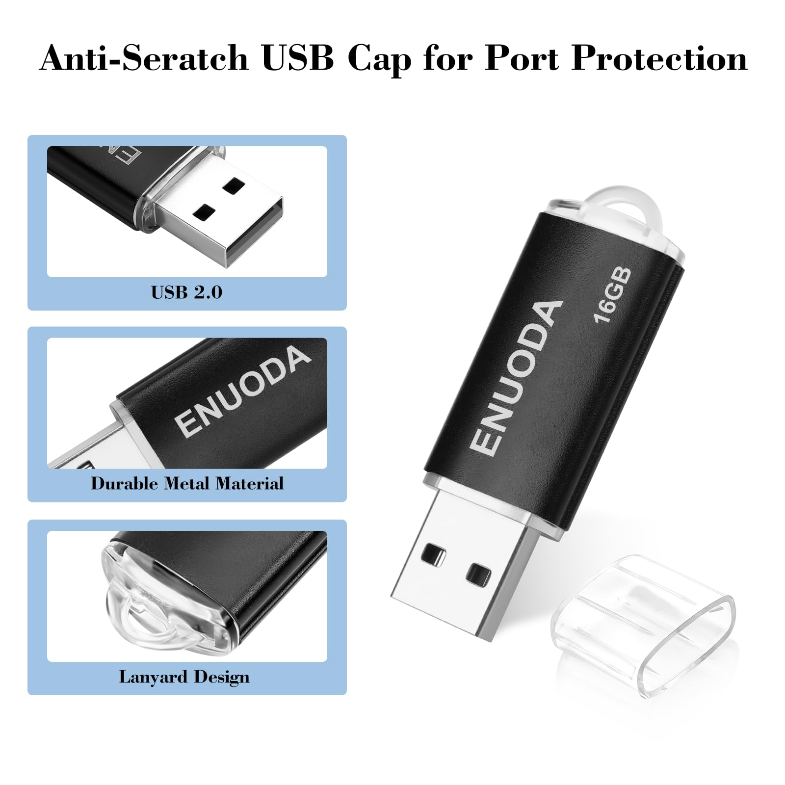 ENUODA Pendrive USB 16GB 2 sztuki, USB 2.0 Flash Drive, pamięć flash USB do przechowywania danych z podświetleniem LED (Czarny Niebieski)