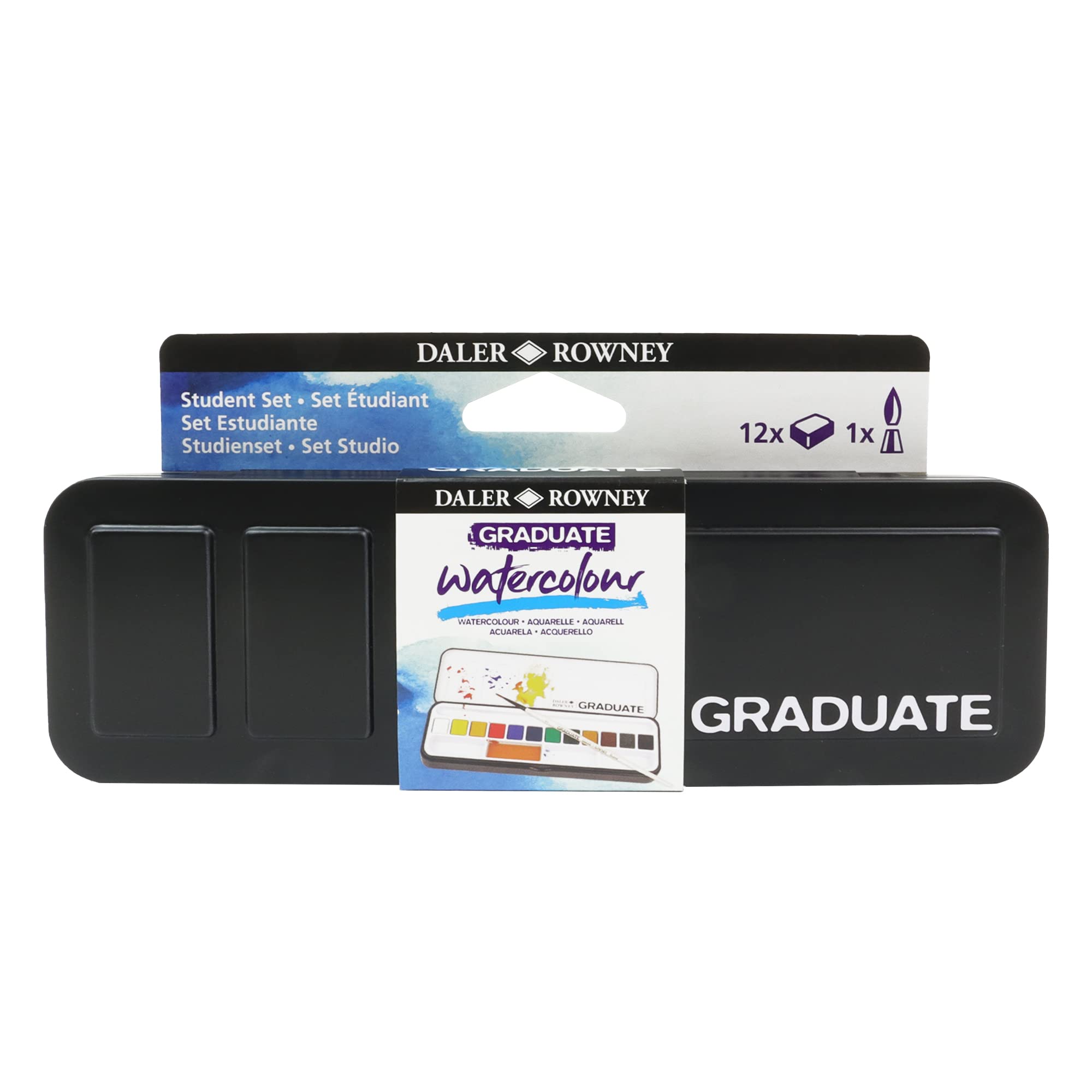 Daler-Rowney Graduate Acuarelas Profesionales, Set de Acuarelas 12 Colores con Pincel, Kit Acuarela Portátil en Caja Metálica, Estuche para Estudiantes, Artistas y Manualidades