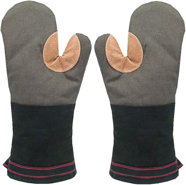 Oven Gloves Heat Resistant Gauntlet Long Thick Large Oven Mitts Cotton Leather Soft Hot Heat Proof for Kitchen Cooking Chef Home BBQ Grilling Baking Pizza Double Pair for Men Heavy Duty 500(Grey)