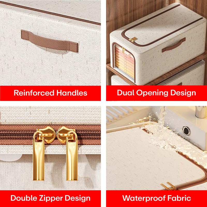 Image of Prime Pick Storage Box Set Foldable Jute Cloth Organizer with Lid Reinforced Handles Washable Wardrobe Storage Bin for Clothes Almirah Drawer Beige Pack of 2
