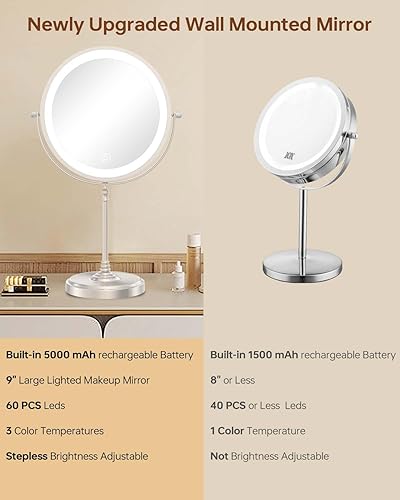 Miniatura 4 de Espejo de maquillaje grande iluminado de 9 pulgadas, espejo de tocador de aumento recargable de 5000 mAh con 3 colores de luces regulables, 1x10x