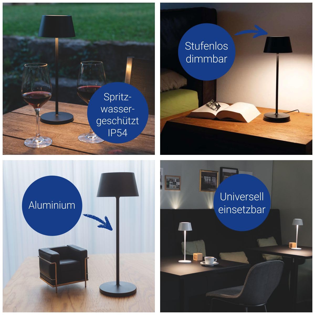 MAUL LED Akku Tischlampe MAULnina schwarz dimmbar kabellos IP54 | Warmweißes Ambientelicht, stufenlose Touch-Bedienung, flexibel aufstellbar, Kontakt-Ladestation, spritzwassergeschützt