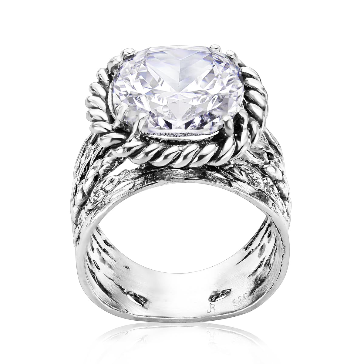 JEAN RACHEL JEWELRY Damenring aus 925er Sterlingsilber, Vintage-Design mit Flecht- und Blattmotiv sowie Zirkonia im Kissenschliff, hypoallergen, nickelfrei, bleifrei, handgefertigter Statement-Schmuck