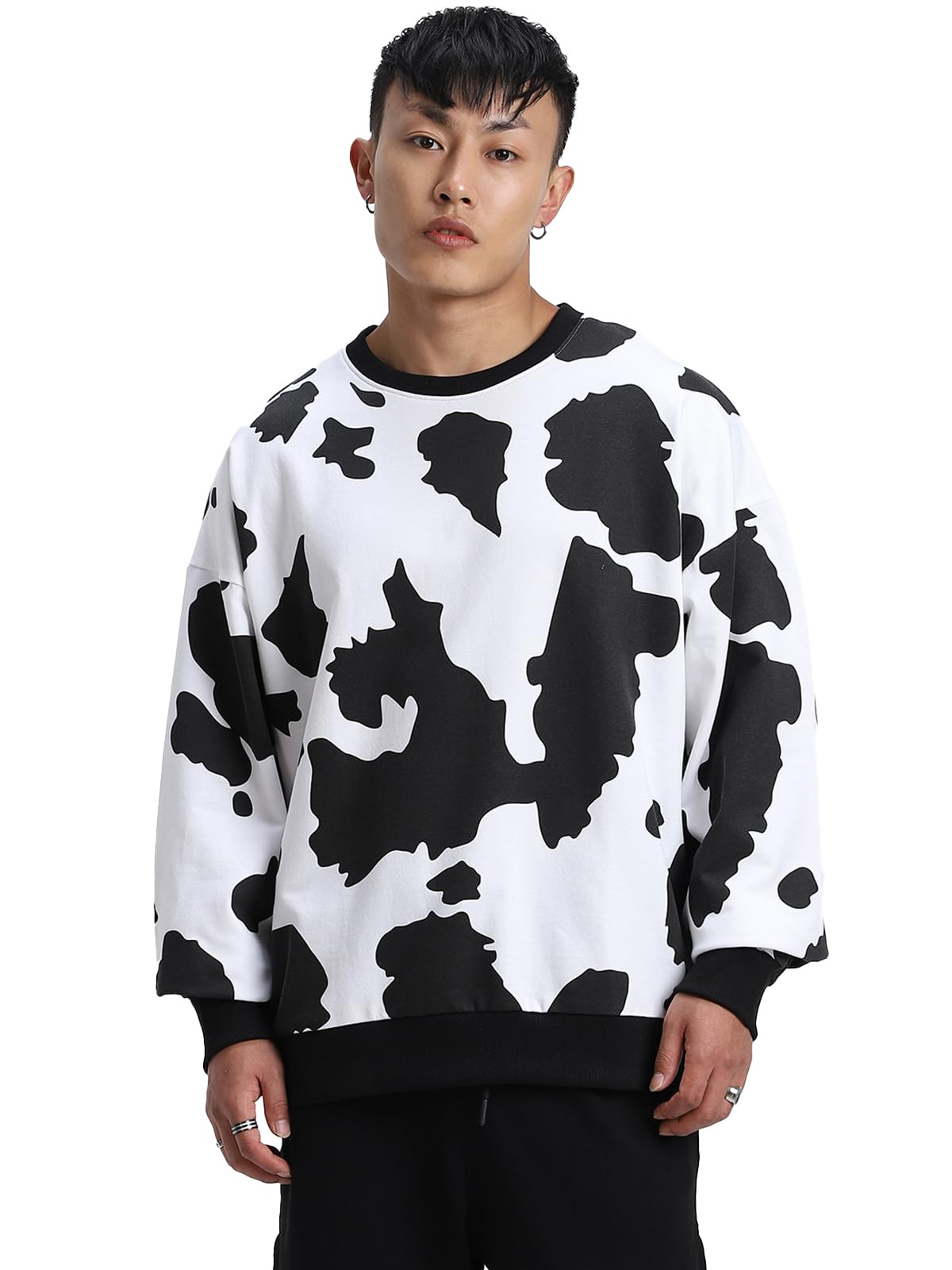 veirdo Cotton Poly Fleece Oversized Baggy Fit Black All Over Cow Print Sweatshirt for Men-picture-36
