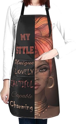 Perinsto Delantal impermeable de mujer negra afroamericana con 2 bolsillos delantales de cocina personalizados para cocinar, hornear, pintura,