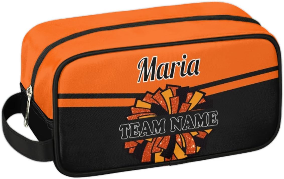 Custom Cheer Toiletry Bag, Personalized Name Makeup Bag Waterproof Toiletries Bag Travel Accessories Shaving Makeup Pouch, Orange Black
