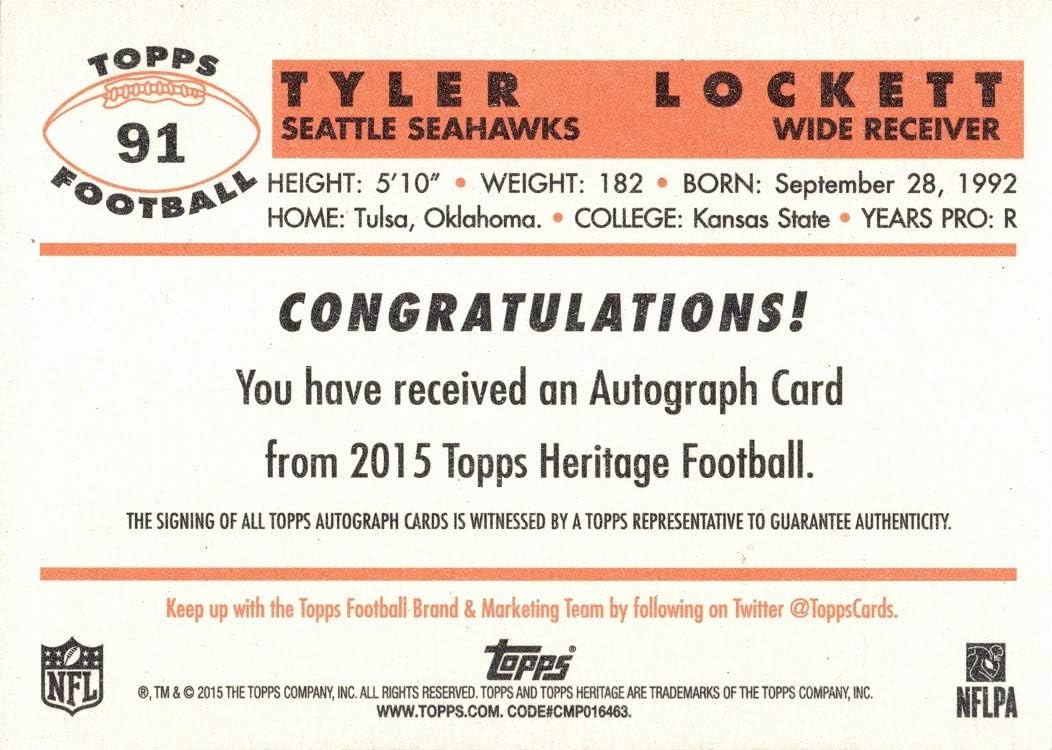 2015 Topps Heritage Football #91 Tyler Lockett Certified Autograph Rookie Card