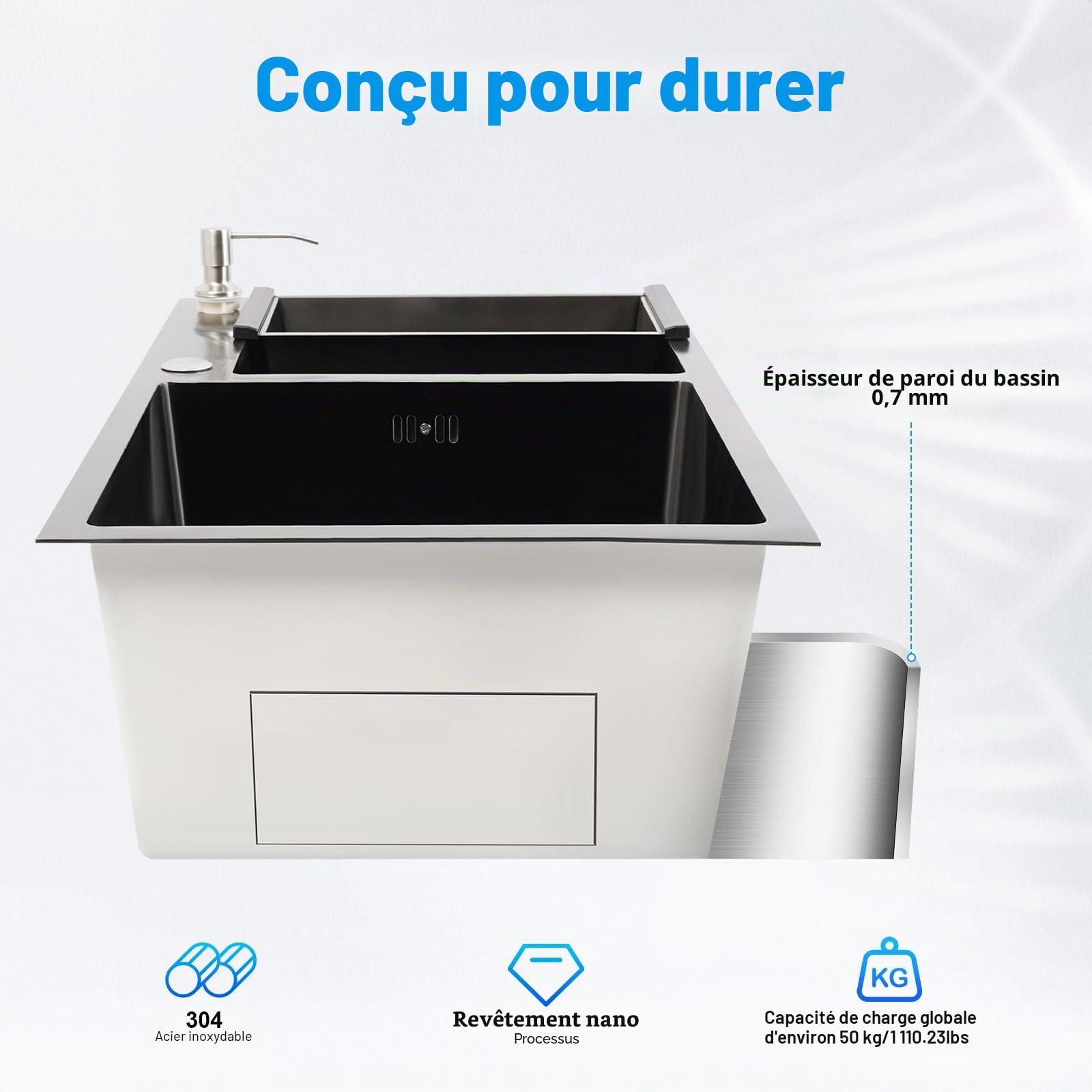 Évier double en acier inoxydable pour cuisine, évier noir encastrable avec égouttoir, bac de goutte, évier double, ensemble de tuyaux de vidange, distributeur de savon
