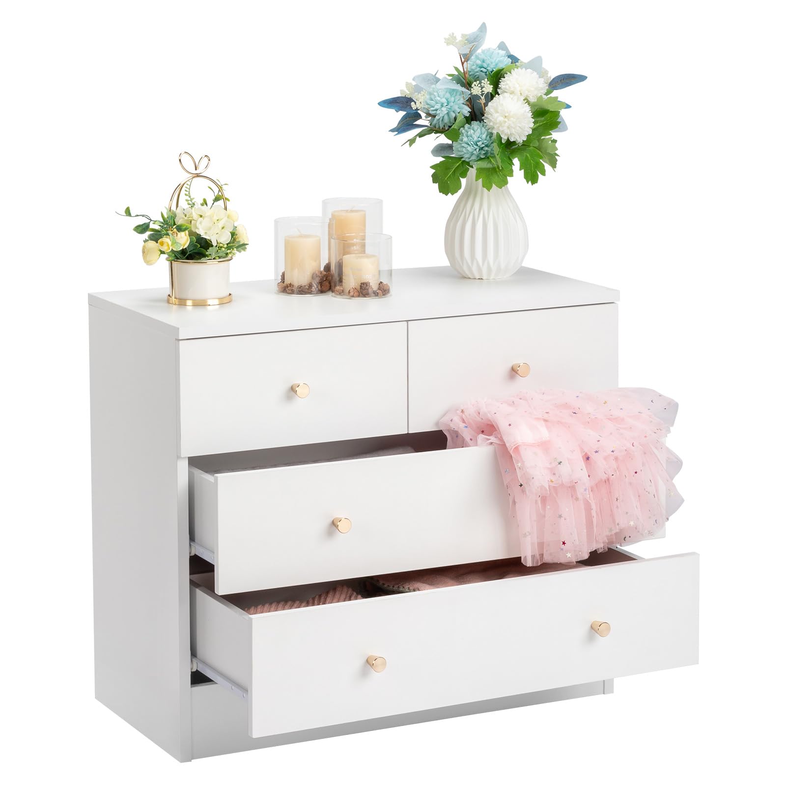 LEADZM Kommode Schlafzimmer Kommode mit 4 Schubladen, für Wohnzimmer, Schlafzimmer, Flur, Schrank, Sideboard, Highboard, viel Stauraum,Weiß