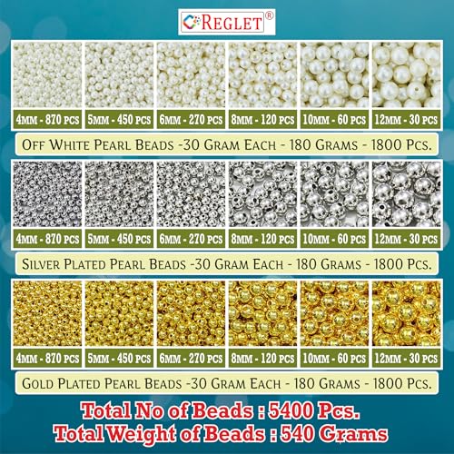 Image of 1800 Pcs Off White + Pcs 1800 Silver + 1800 Pcs Golden Pearl Beads for Jewellery Making Kit - Beads for Bracelet Making Kit - Pearls for Craft - Plastic - Sizes 4, 5, 6, 8, 10, 12mm - 540g