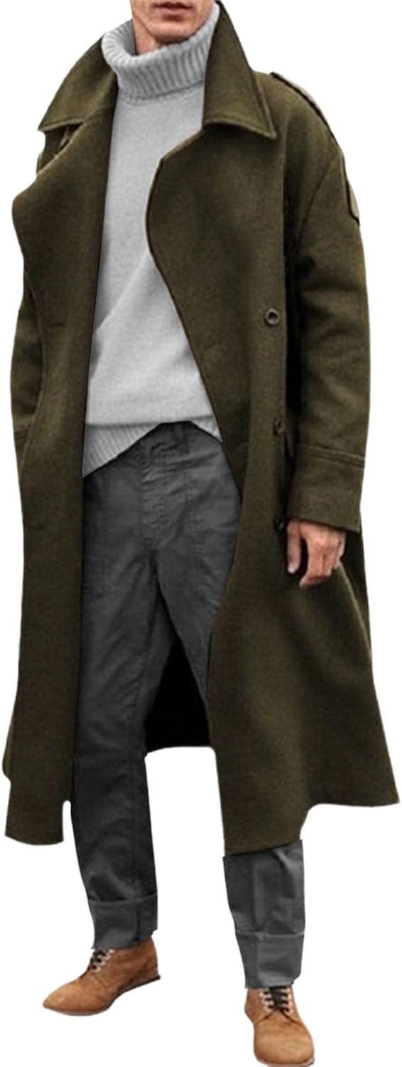 Maiyifu-GJ Men's Full Length Trench Coat Slim Fit Single Breasted Wool Blend Long Pea Coat Fall Winter Warm Overcoat