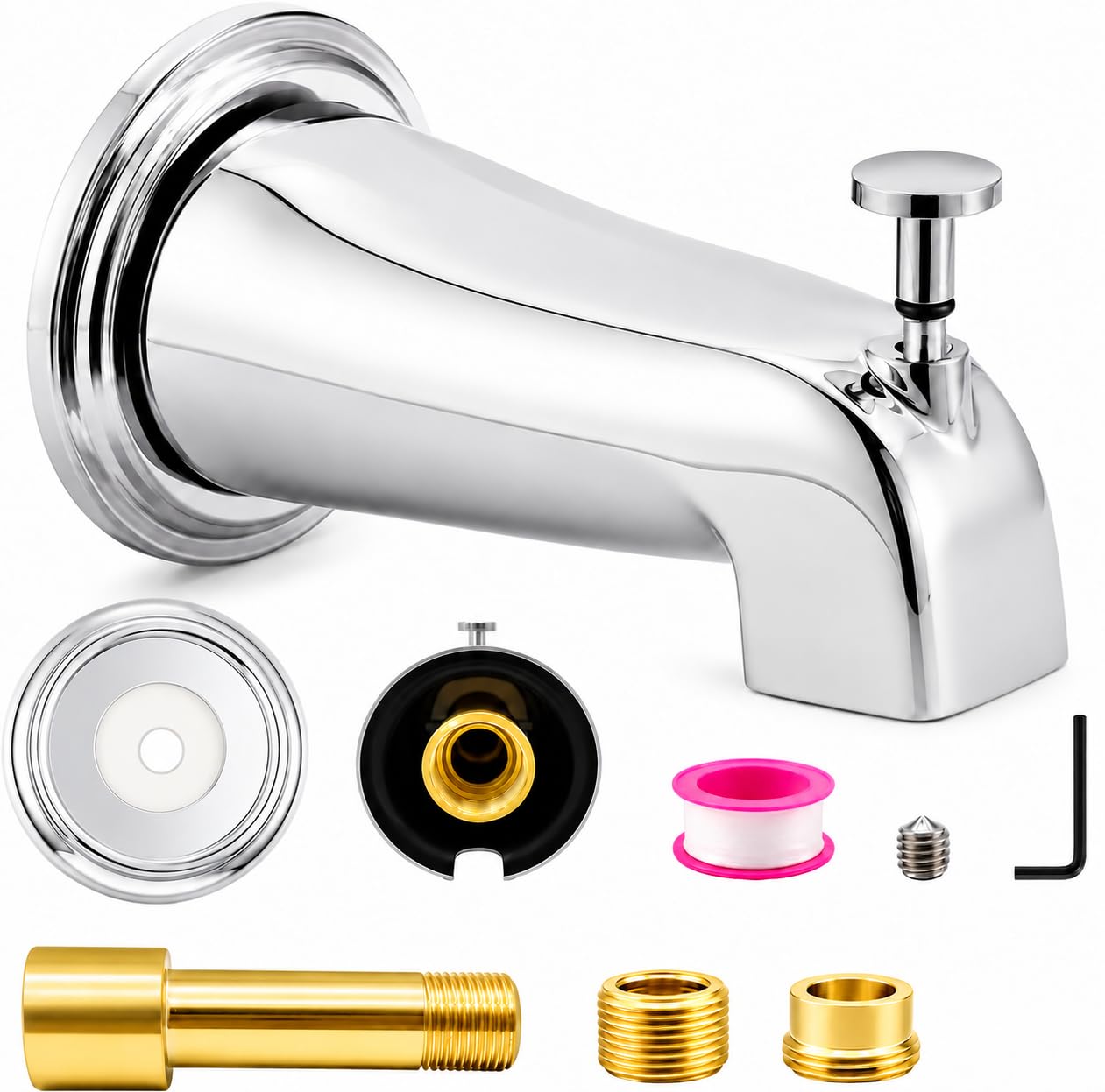 5.3" Chrome Bathtub Spout with Diverter, All-Metal Replacement Kit