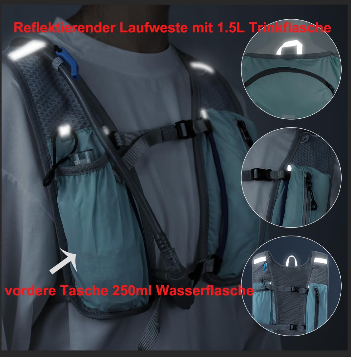 Runlight Loopvest voor dames en heren, verstelbare borstriemen, drinkvest lopen met 1500 ml waterfles (zwart, één maat