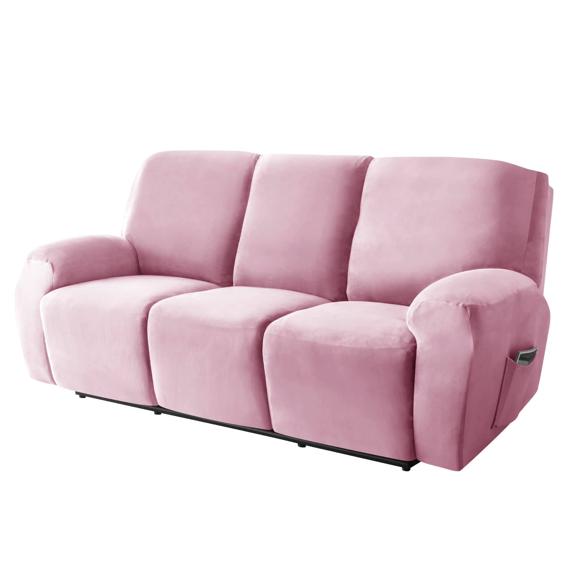 CONRUSER Stretch Recliner Covers, 8 Pieces Recliner Slipcovers Soft Velvet Couch Cover for 3 Seats Non-Slip Furniture Protector with Pocket (Pink)
