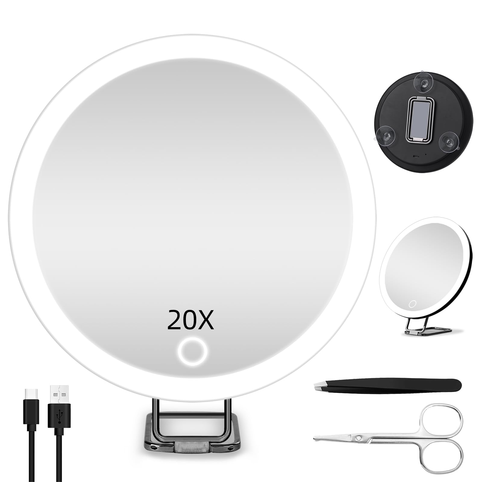 JADAZROR Espejo Compacto LED, Espejo de Aumento 20X con luz, Espejo de Viaje de 15cm con Aumento, Espejo de Aumento Iluminado Recargable, Espejo de Maquillaje portátil Regalo