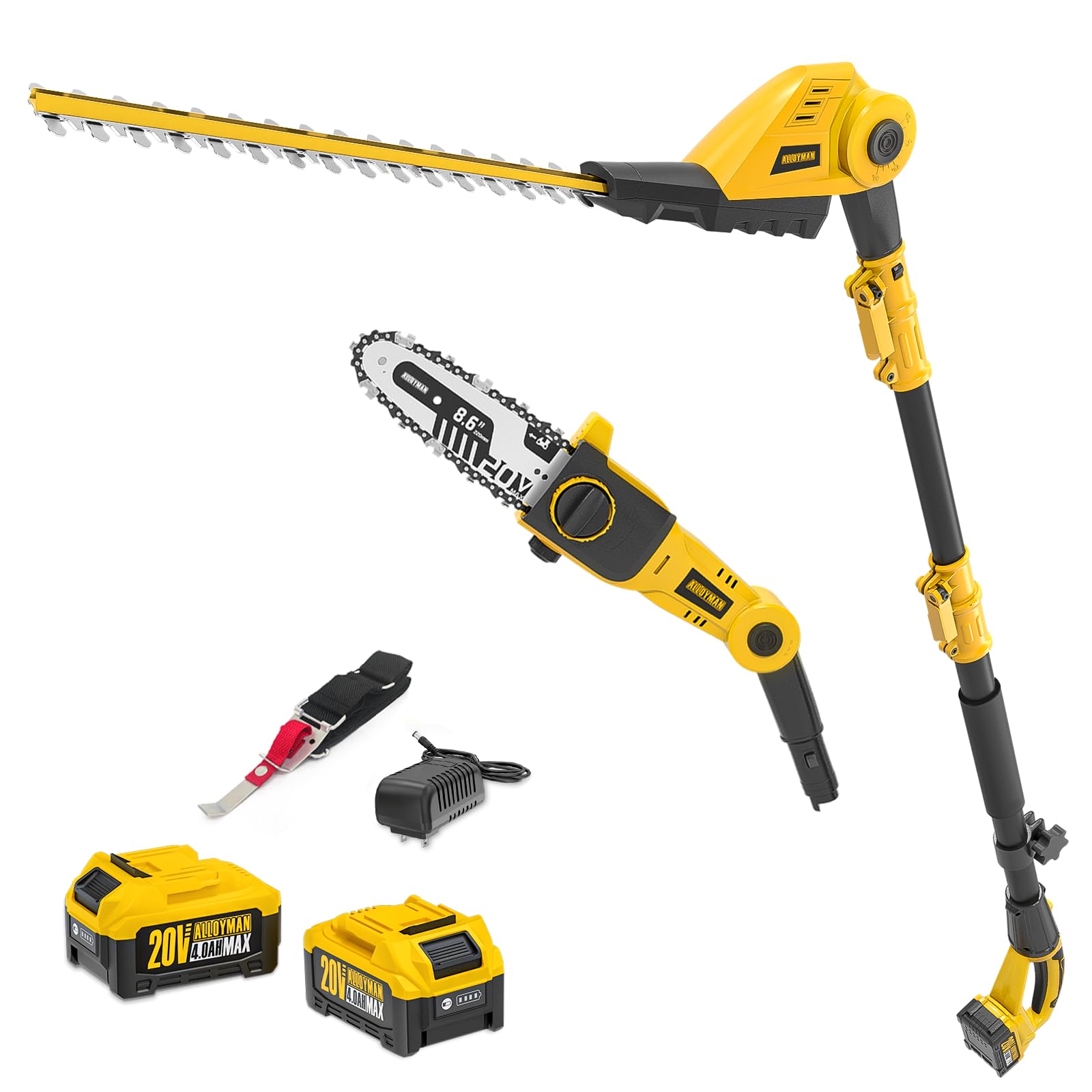 Alloyman 20V MAX Cortasetos y Motosierra Telescópica Inalámbricos 2 en 1, con 2 baterías de 4,0 Ah y Cargador, 2,4 m de Sierra y Cortasetos telescópicos para arbustos y setos