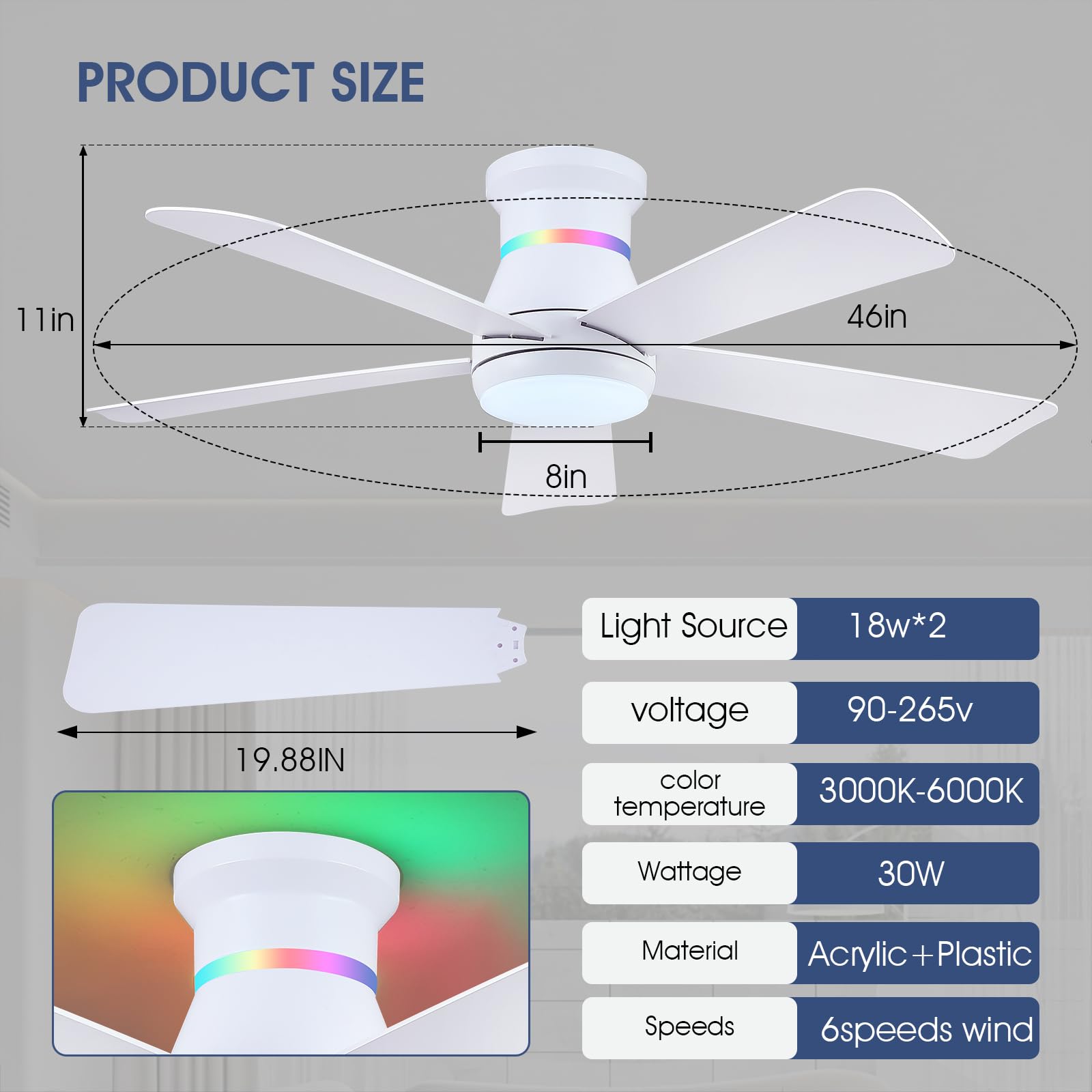 Surtime 117CM Weiße Deckenventilatoren mit RGB-Lichtern, Flush Mount, LED 3CCT dimmbar, Low Profile für Indoor