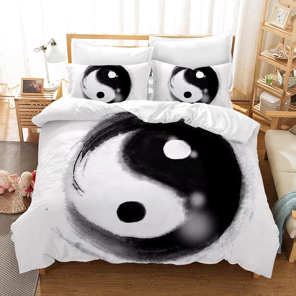 Housse de Couette 220x240 Thème Yin Yang, Noir et Blanc Parure de Lit 3D Imprimée Microfibre Housse Couette 2 Personnes Thème Yin Yang avec Taies d'oreiller OPQ1231
