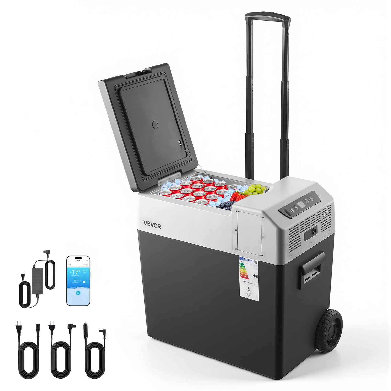 VEVOR Glacière Électrique Voiture et Maison, Réfrigérateur Portable 50 L 12 V/24 V CC et 100-240 V CA, pour Camping Voyage, Mini Frigo à Compression -22 à 10 °C, Contrôle APP avec Roues et Poignée