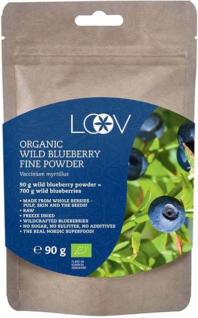 LOOV Wild Blueberry Powder Organic, Wild-Crafted from Nordic Forests, 100% Whole Fruit Bilberry, 18-Day Supply, 90 g, Freeze-Dried and Powdered Blueberries, No Added Sugar