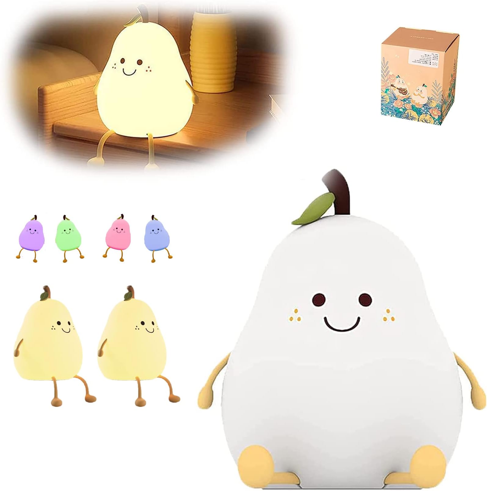 Nightly Wish Calming Pear Lamp-Cute Silicone Pear Nursery Lamp, 7 Colors USB Charging Touch Pear Lamp Light, Cute Smile Pear Shaped Silicone Night Light for Baby and Toddler (1 PCS)